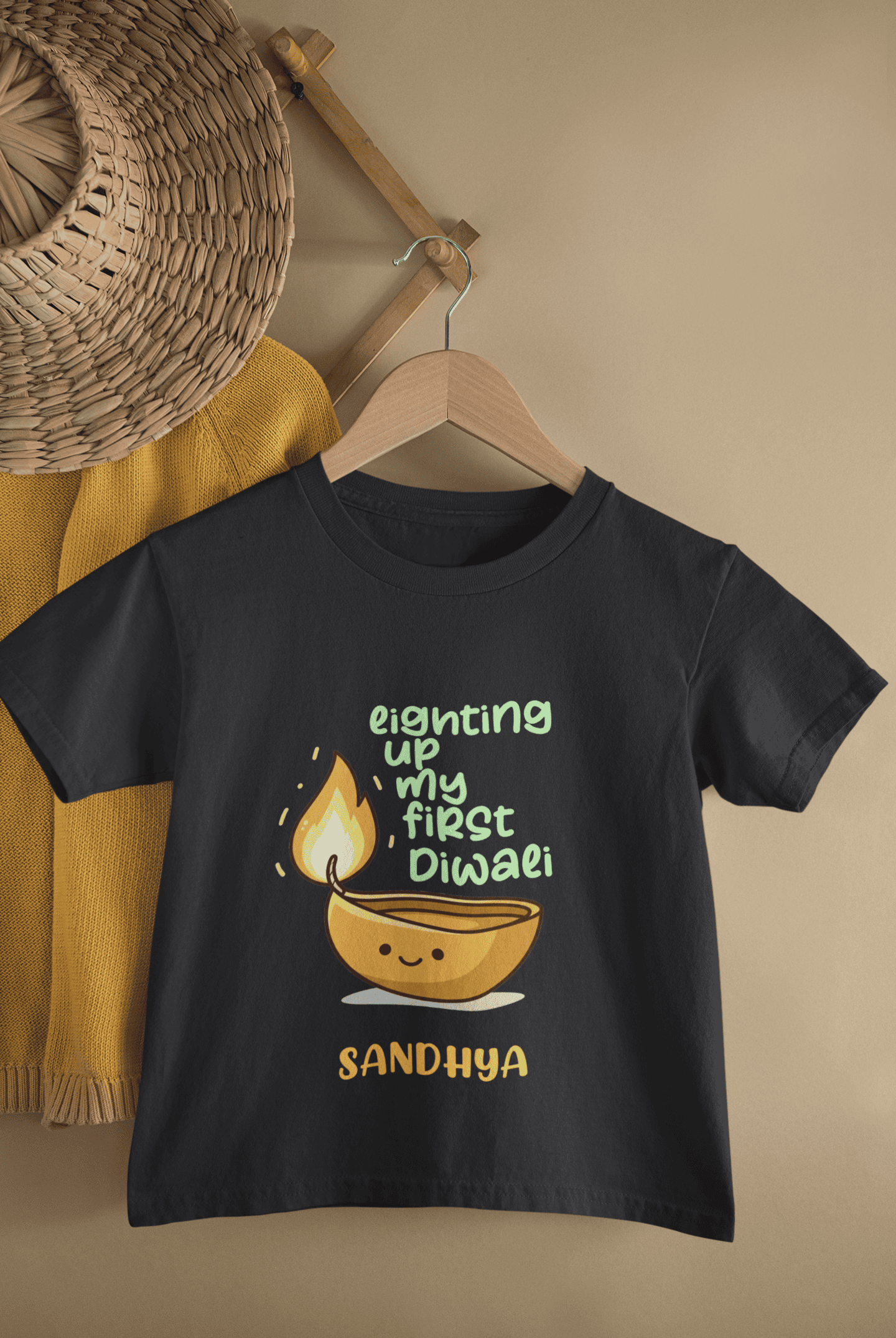 Custom Name Lighting Up My First Diwali Half Sleeves T-Shirt For Girls -FunkyTeesClub