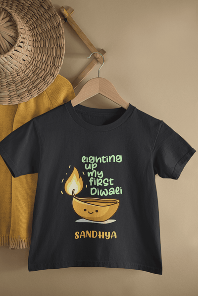 Custom Name Lighting Up My First Diwali Half Sleeves T-Shirt For Girls -FunkyTeesClub
