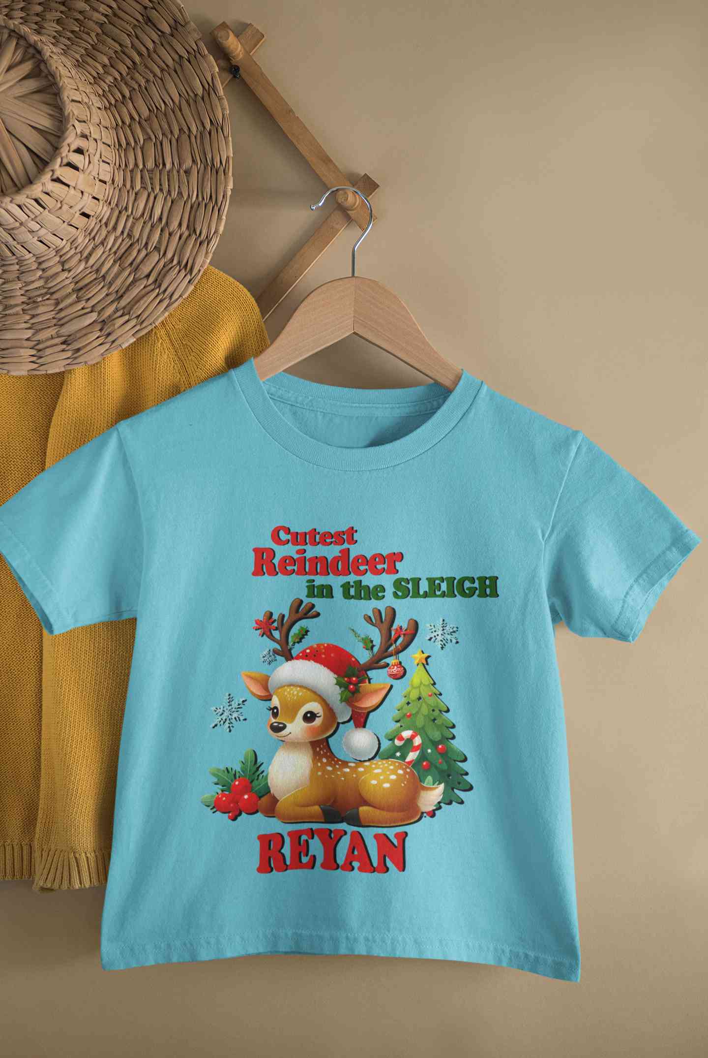 Custom Name Cutest Reindeer In The Sleigh Christmas Half Sleeves T-Shirt for Boy-FunkyTeesClub