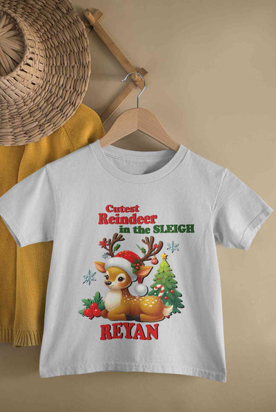 Custom Name Cutest Reindeer In The Sleigh Christmas Half Sleeves T-Shirt for Boy-FunkyTeesClub