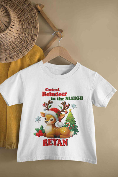 Custom Name Cutest Reindeer In The Sleigh Christmas Half Sleeves T-Shirt for Boy-FunkyTeesClub