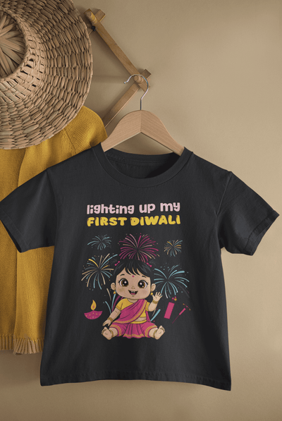 Lighting Up My First Diwali Half Sleeves T-Shirt For Girls -FunkyTeesClub