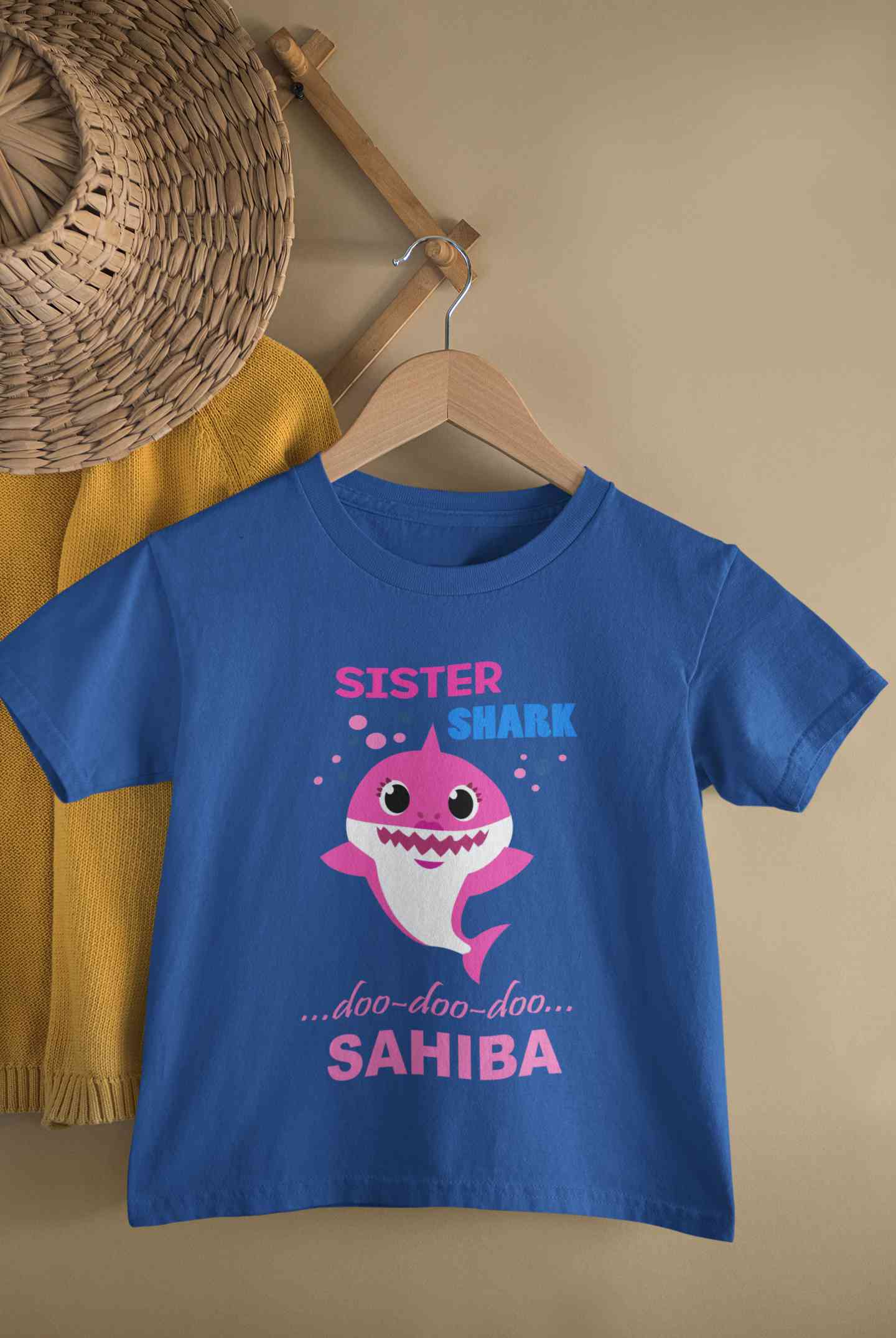 Custom Name Sister Shark Doo Doo Doo Rakhi Half Sleeves T-Shirt For Girls -FunkyTeesClub