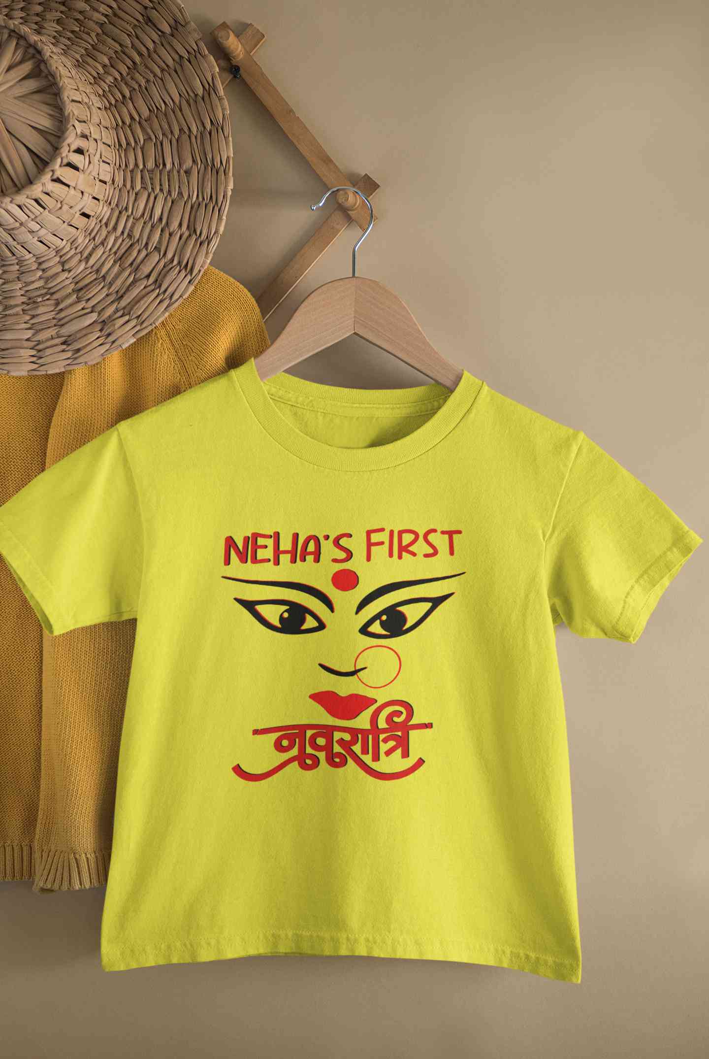 Custom Name First Navratri Durga Pooja Half Sleeves T-Shirt For Girls -FunkyTeesClub
