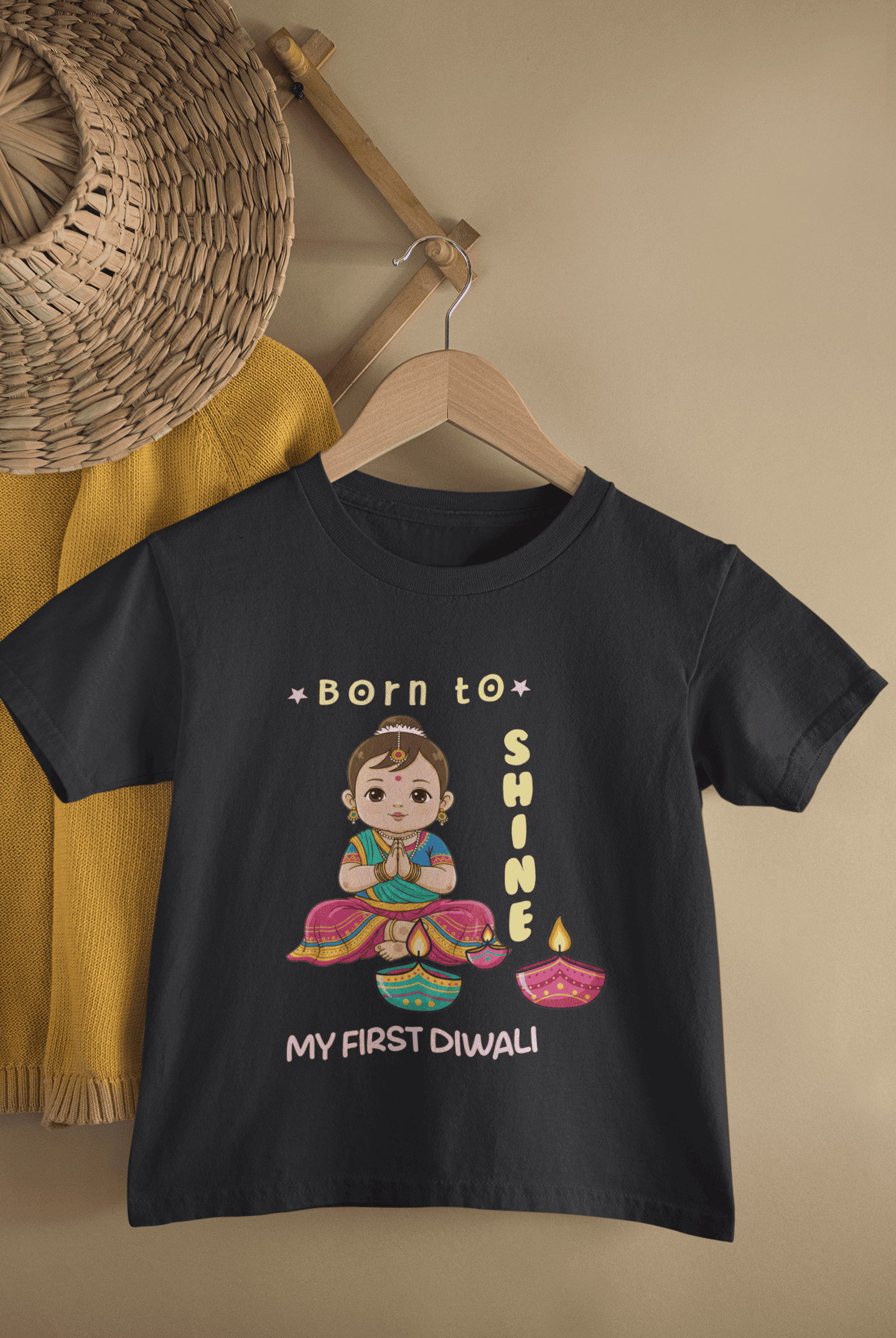 Born To Shine My First Diwali Half Sleeves T-Shirt For Girls -FunkyTeesClub