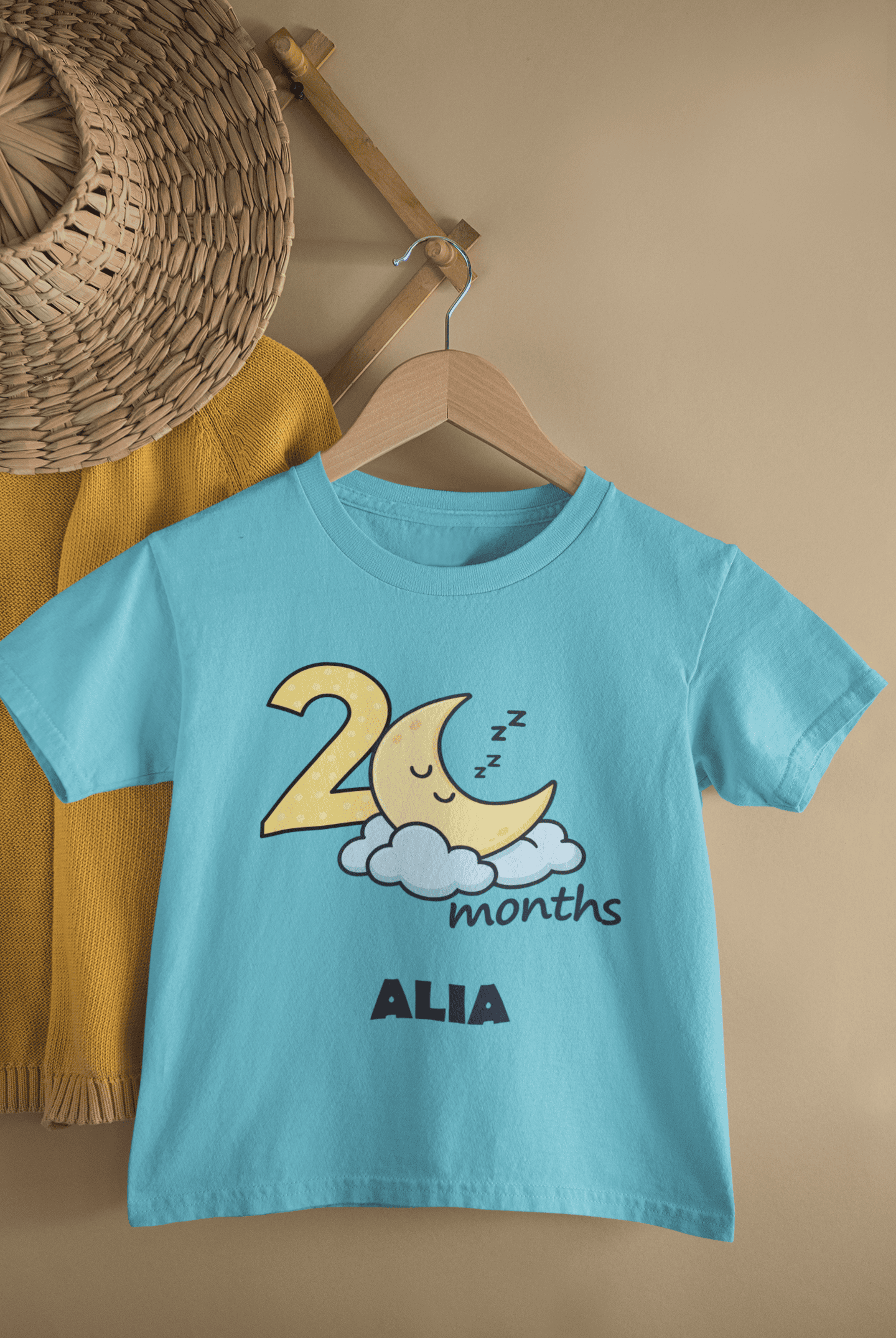 Custom Name Two Month Moon Half Sleeves T-Shirt For Girls -FunkyTeesClub