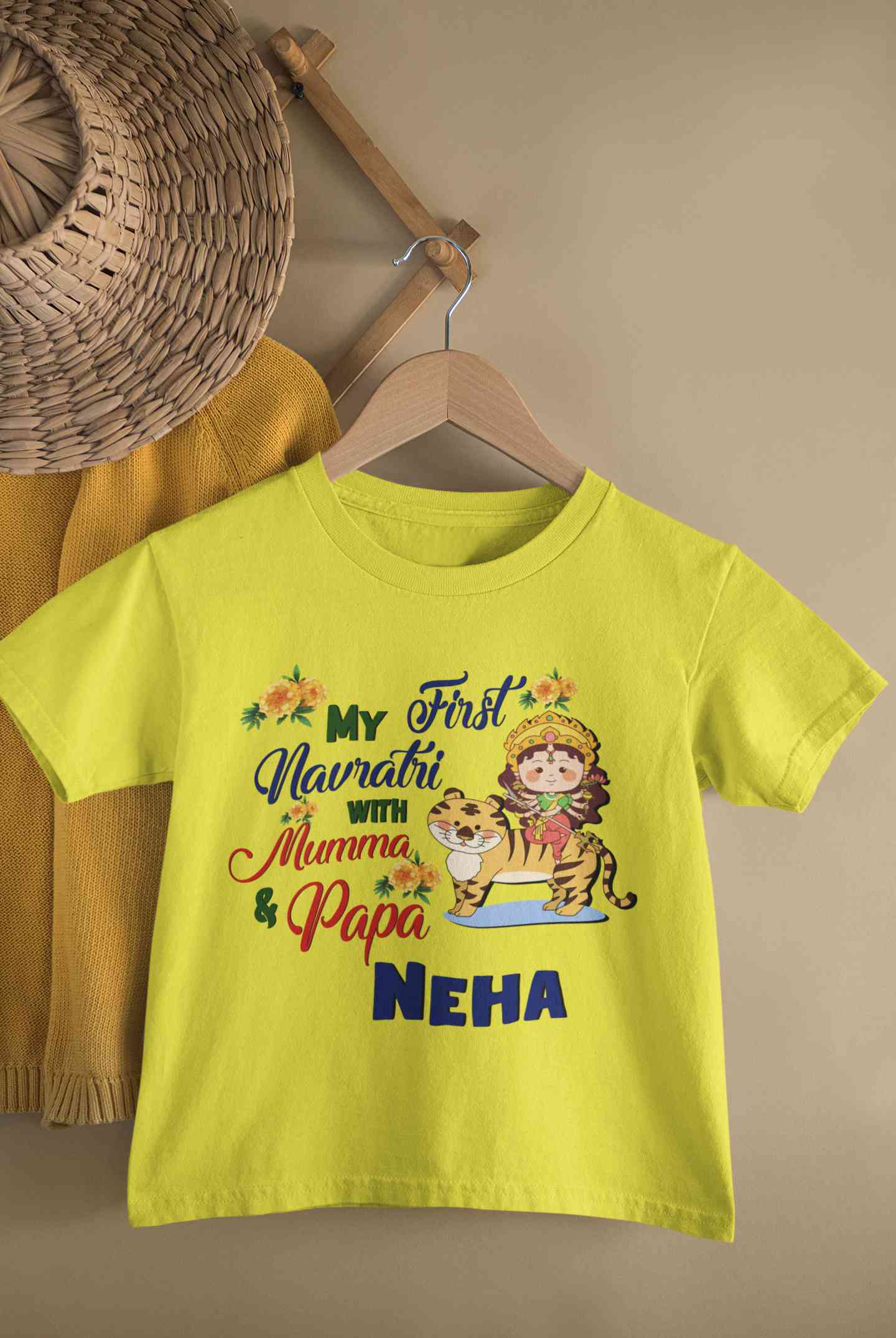 Custom Name My First Navratri With Mumma And Papa Half Sleeves T-Shirt For Girls -FunkyTeesClub