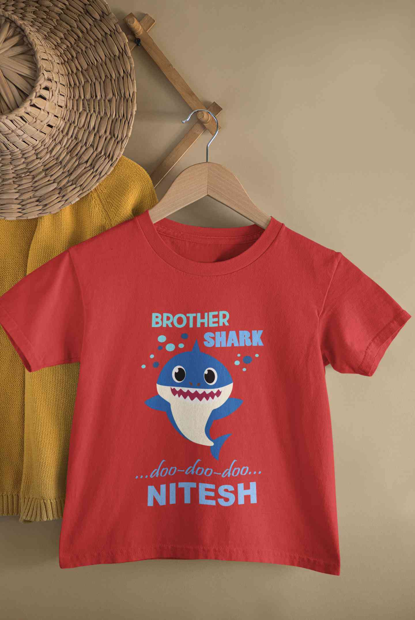 Custom Name Brother Shark Doo Doo Doo Rakhi Half Sleeves T-Shirt for Boy-FunkyTeesClub