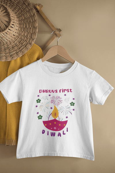 Custom Name First Diwali Celebrations Diwali Half Sleeves T-Shirt for Boys -FunkyTeesClub