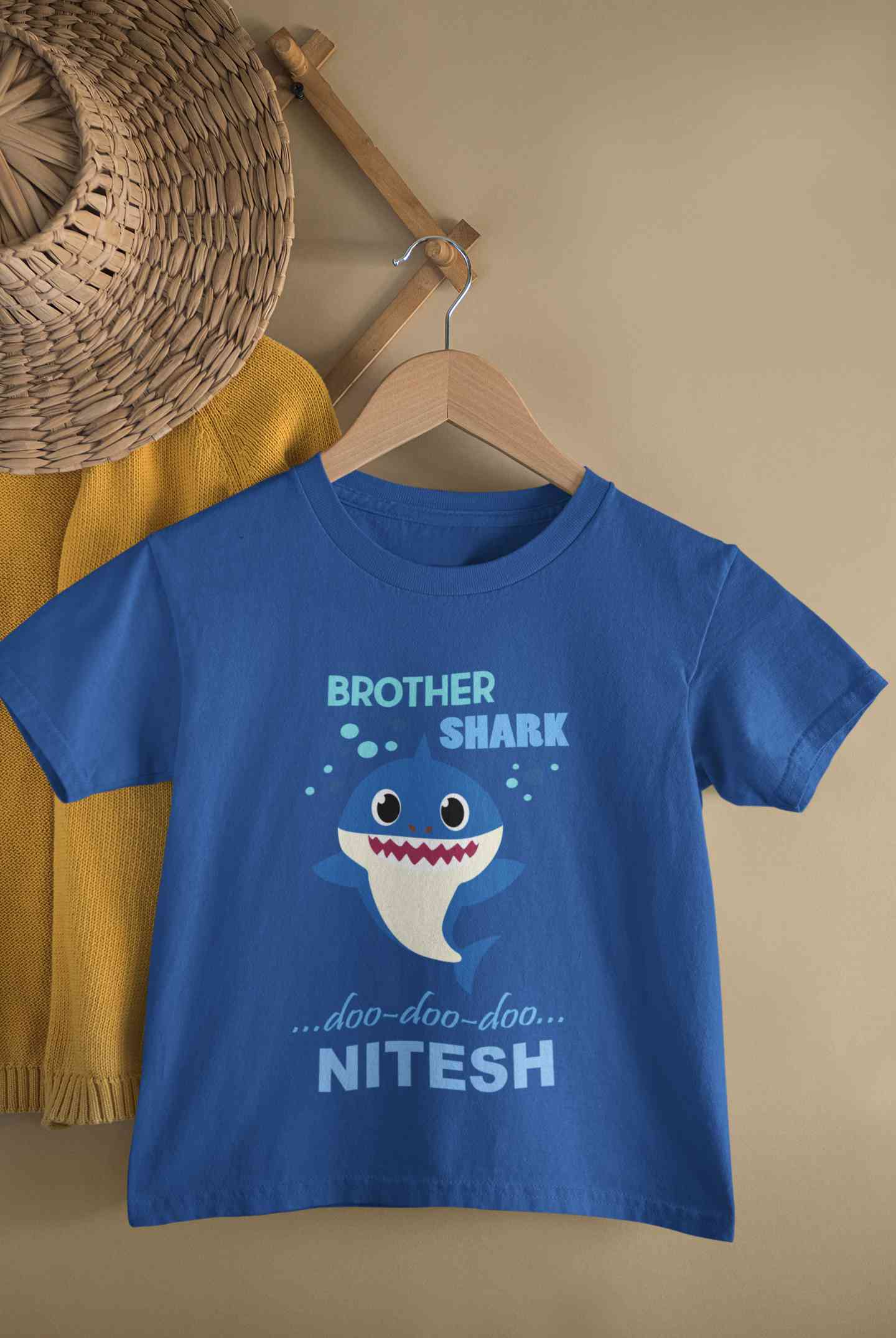 Custom Name Brother Shark Doo Doo Doo Rakhi Half Sleeves T-Shirt for Boy-FunkyTeesClub