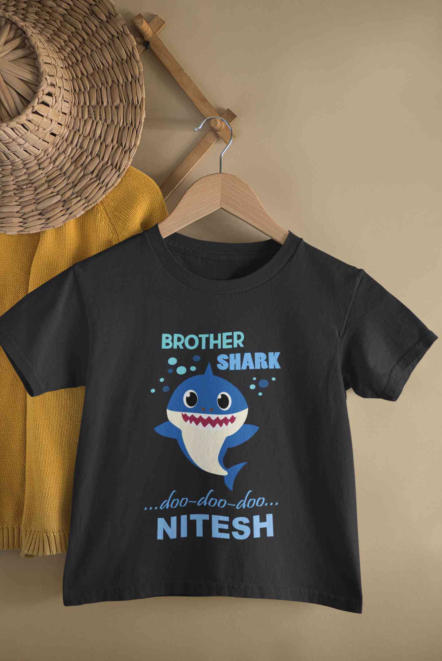 Custom Name Brother Shark Doo Doo Doo Rakhi Half Sleeves T-Shirt for Boy-FunkyTeesClub