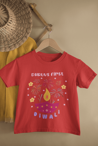 Custom Name First Diwali Celebrations Diwali Half Sleeves T-Shirt for Boys -FunkyTeesClub