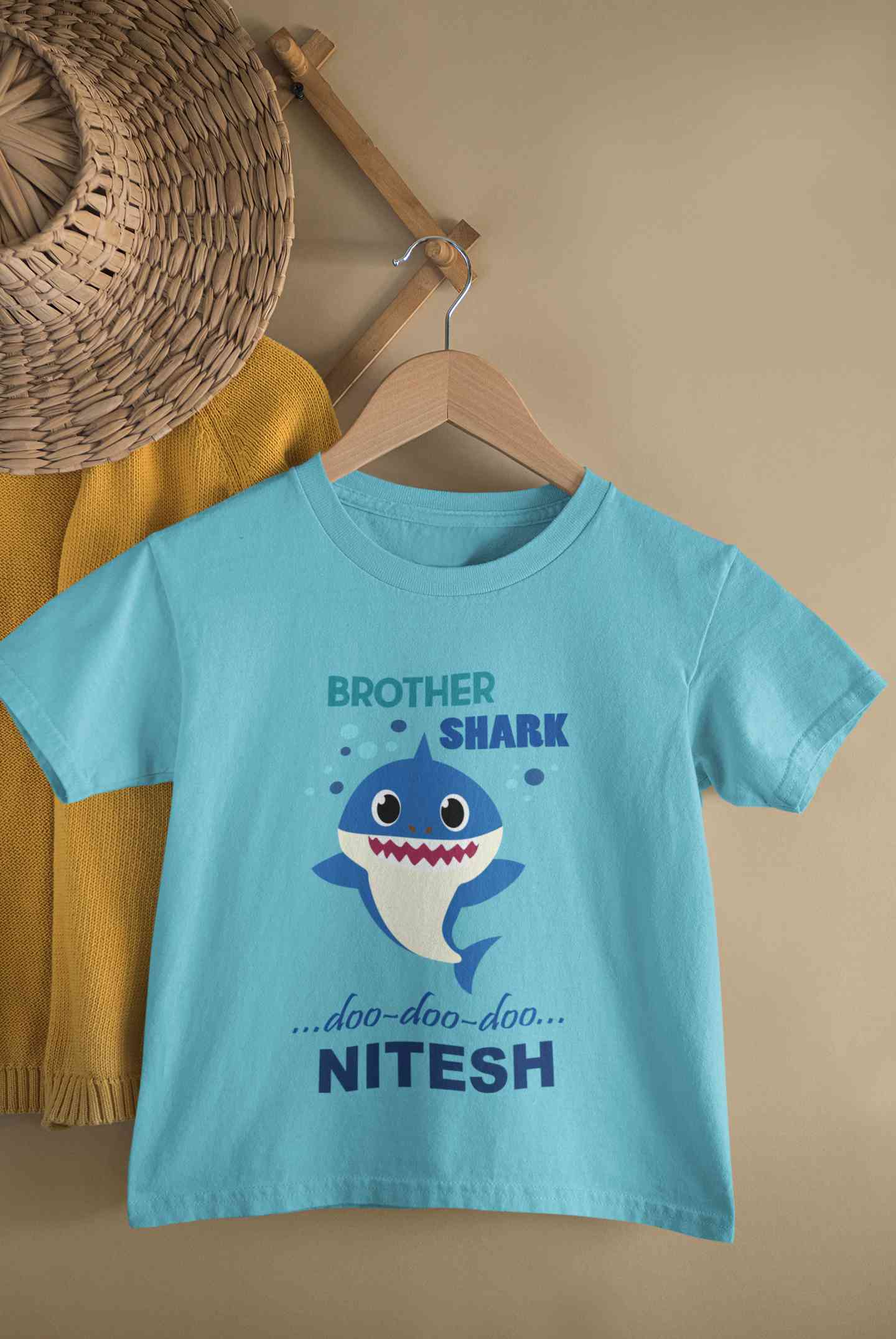 Custom Name Brother Shark Doo Doo Doo Rakhi Half Sleeves T-Shirt for Boy-FunkyTeesClub