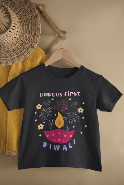 Custom Name First Diwali Celebrations Diwali Half Sleeves T-Shirt for Boys -FunkyTeesClub