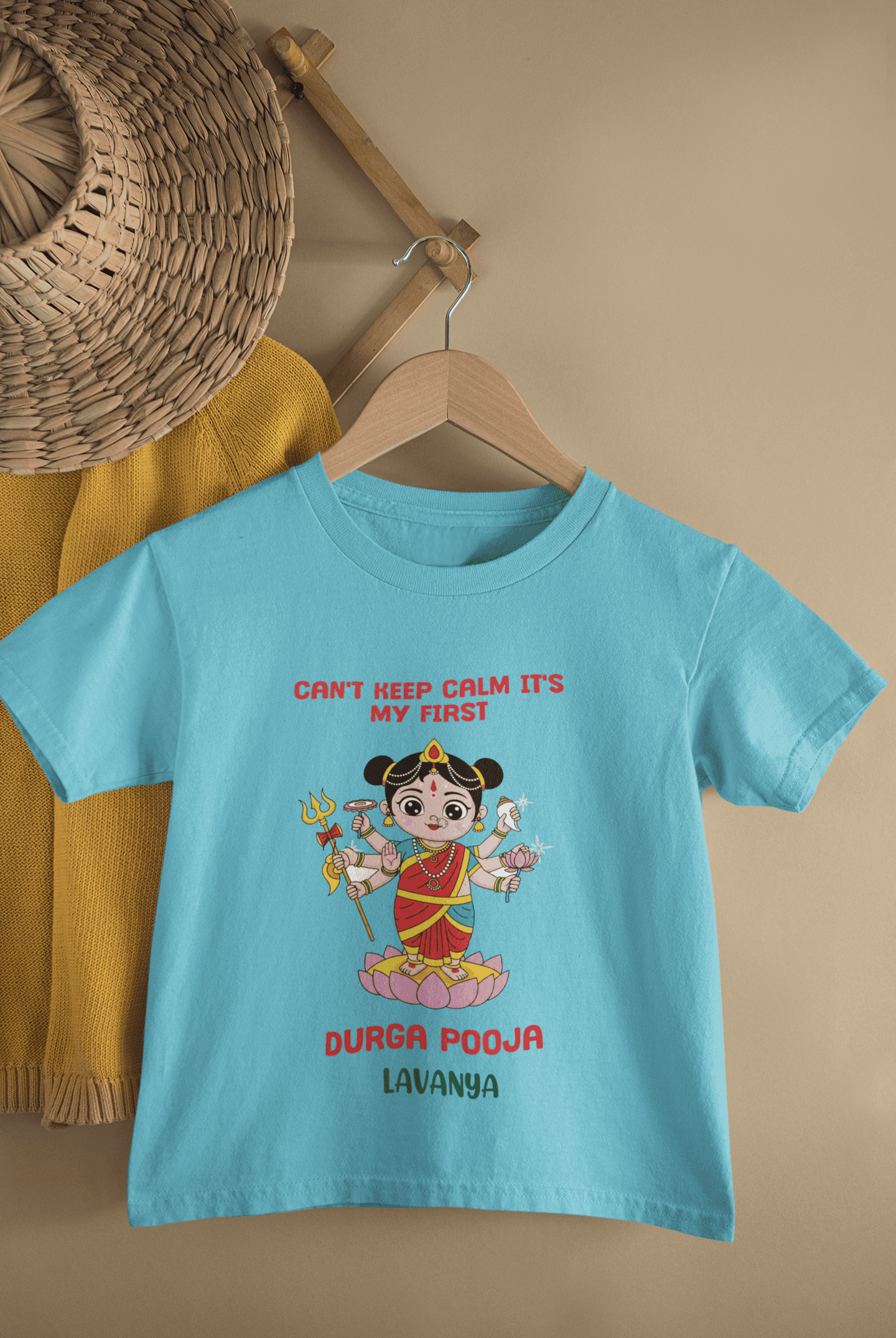 Can't Keep Calm It's My First Durga Pooja Navratri Half Sleeves T-Shirt For Girls -FunkyTeesClub