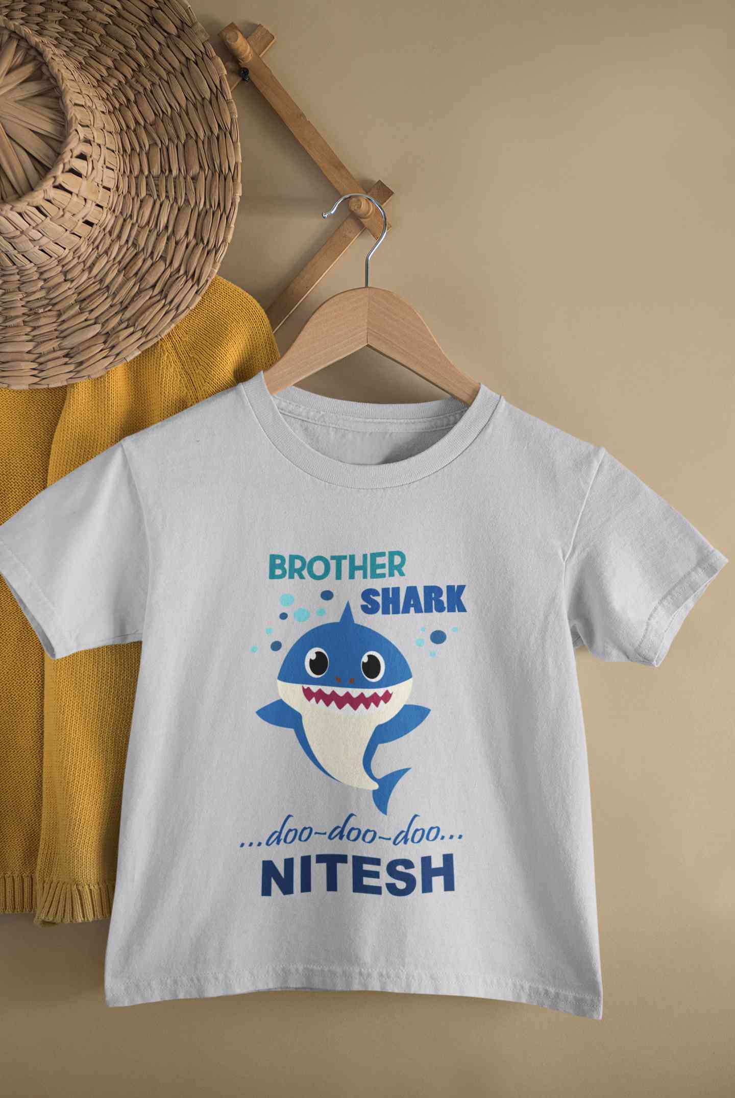 Custom Name Brother Shark Doo Doo Doo Rakhi Half Sleeves T-Shirt for Boy-FunkyTeesClub