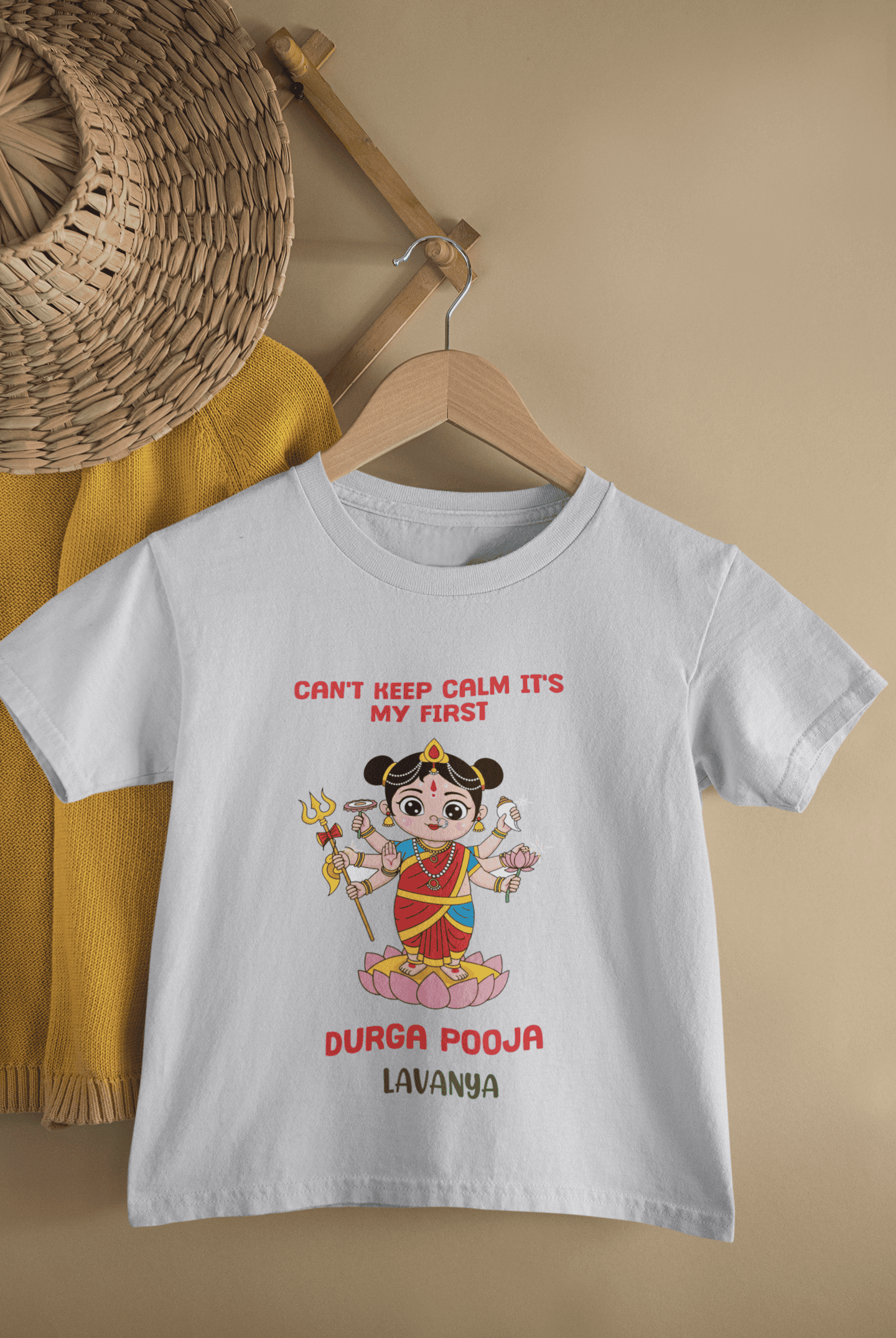 Can't Keep Calm It's My First Durga Pooja Navratri Half Sleeves T-Shirt For Girls -FunkyTeesClub