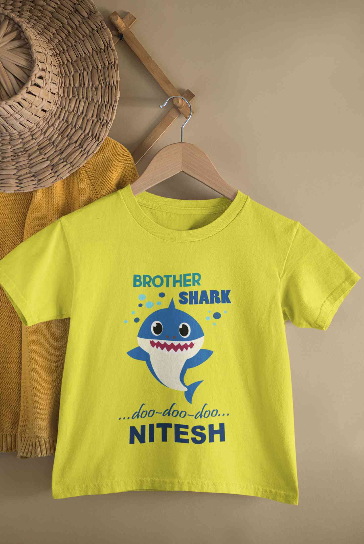 Custom Name Brother Shark Doo Doo Doo Rakhi Half Sleeves T-Shirt for Boy-FunkyTeesClub