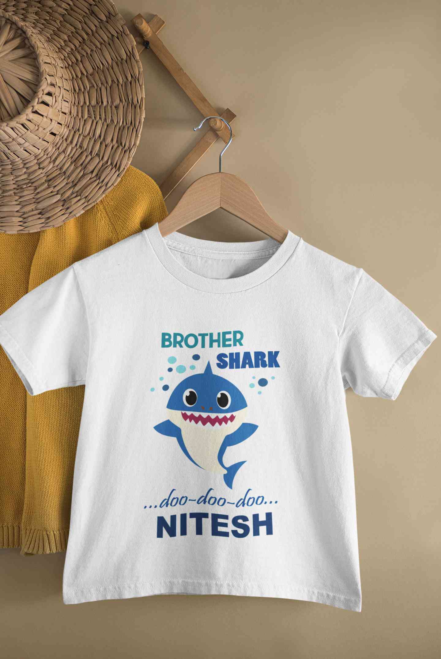 Custom Name Brother Shark Doo Doo Doo Rakhi Half Sleeves T-Shirt for Boy-FunkyTeesClub