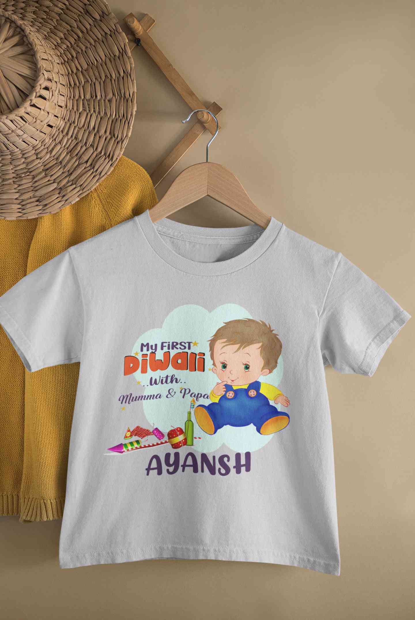 Custom Name My First Diwali With Mumma Papa Half Sleeves T-Shirt for Boy-FunkyTeesClub