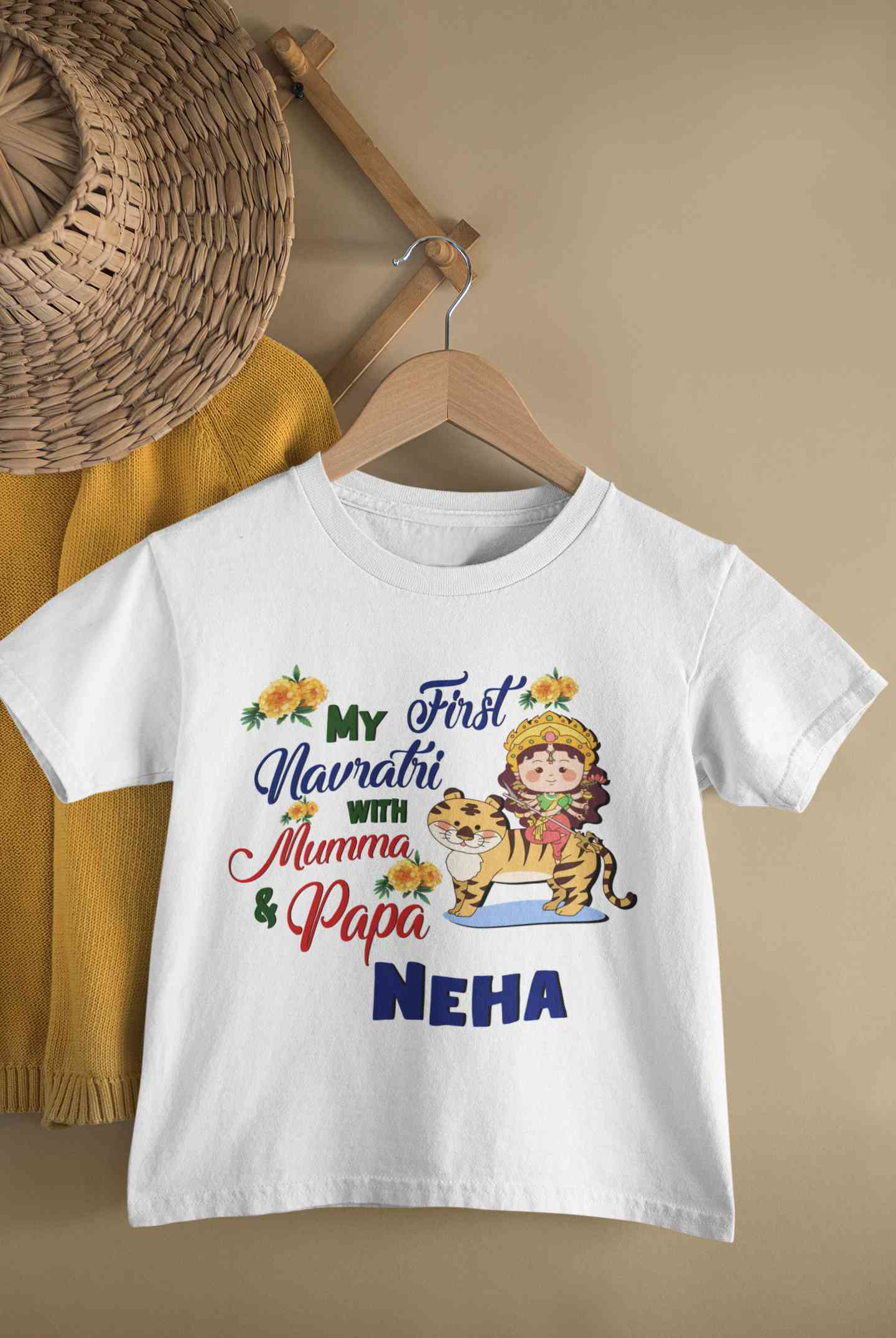 Custom Name My First Navratri With Mumma And Papa Half Sleeves T-Shirt For Girls -FunkyTeesClub