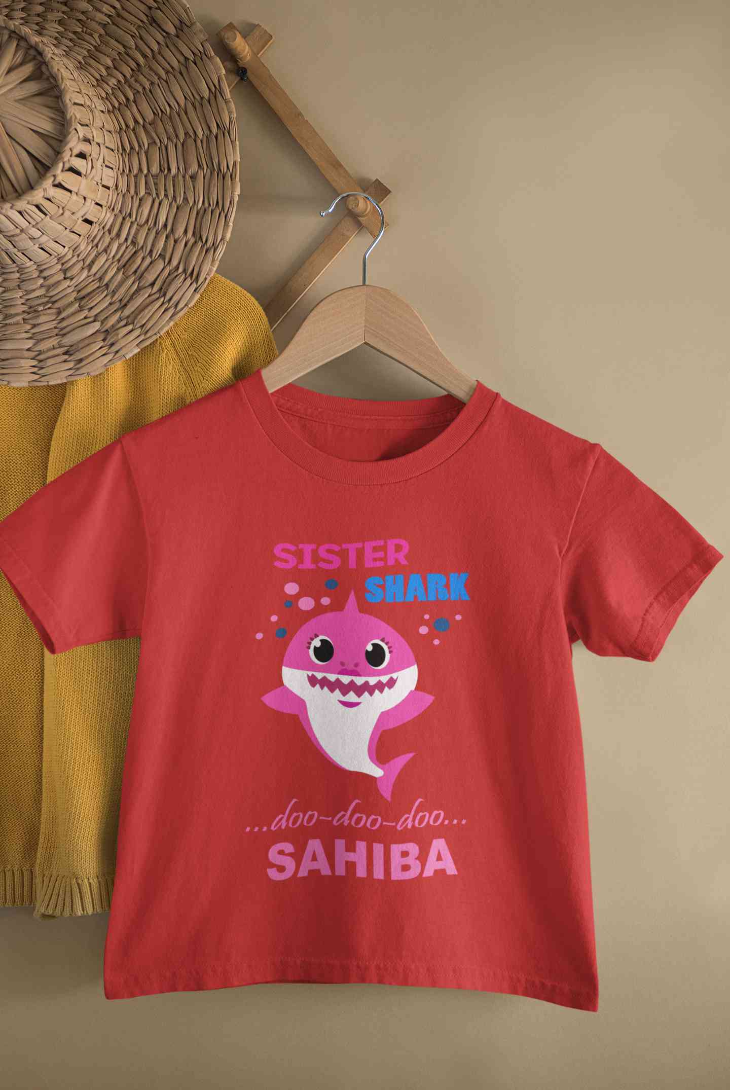 Custom Name Sister Shark Doo Doo Doo Rakhi Half Sleeves T-Shirt For Girls -FunkyTeesClub
