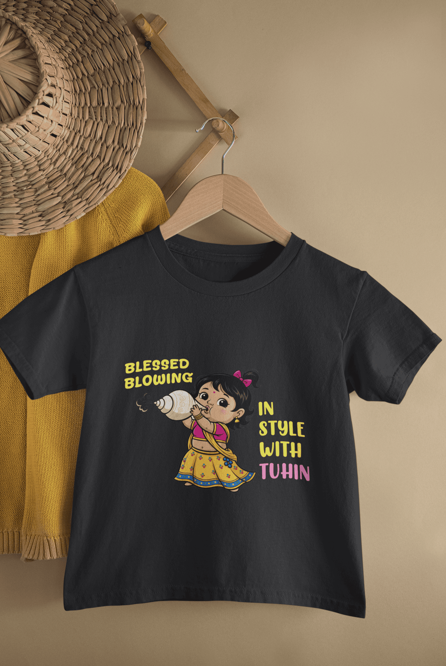Blessed Blowing Durga Pooja Half Sleeves T-Shirt For Girls -FunkyTeesClub