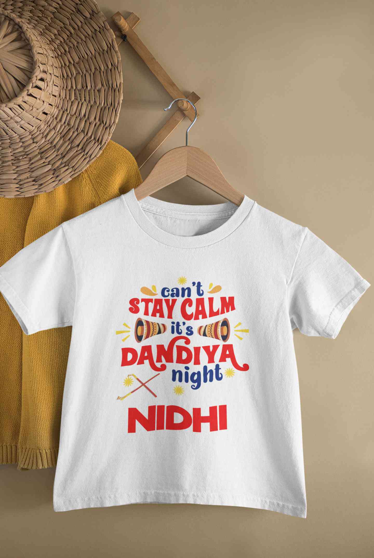 Custom Name Cant Stay Calm It Is Dandiya Night Navratri Half Sleeves T-Shirt For Girls -FunkyTeesClub