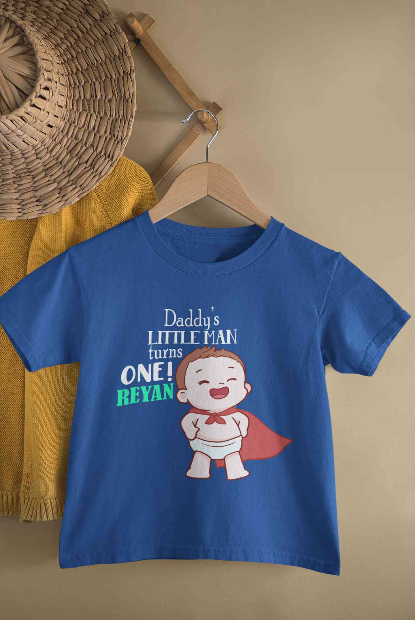 Custom Name Daddys Little Man Turns One First Birthday Half Sleeves T-Shirt for Boy-FunkyTeesClub