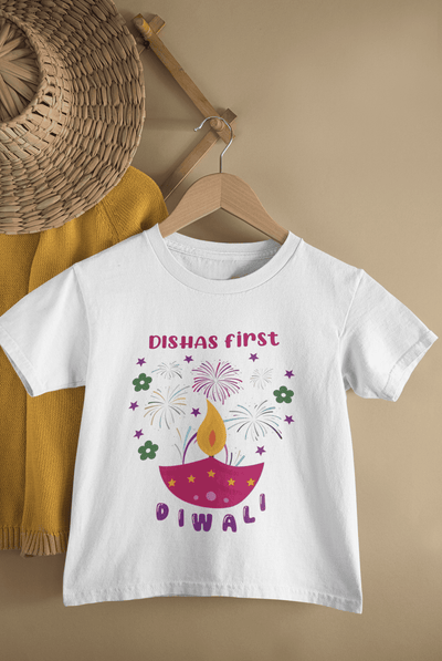 Custom Name First Diwali Celebrations Diwali Half Sleeves T-Shirt For Girls -FunkyTeesClub