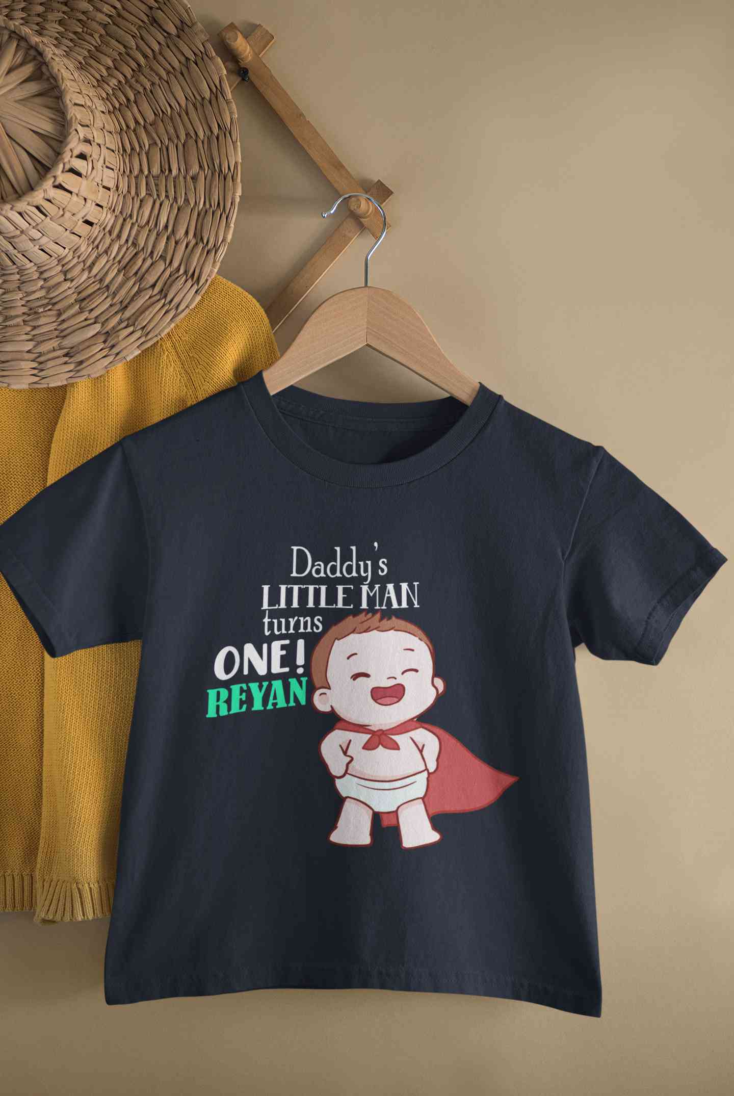 Custom Name Daddys Little Man Turns One First Birthday Half Sleeves T-Shirt for Boy-FunkyTeesClub