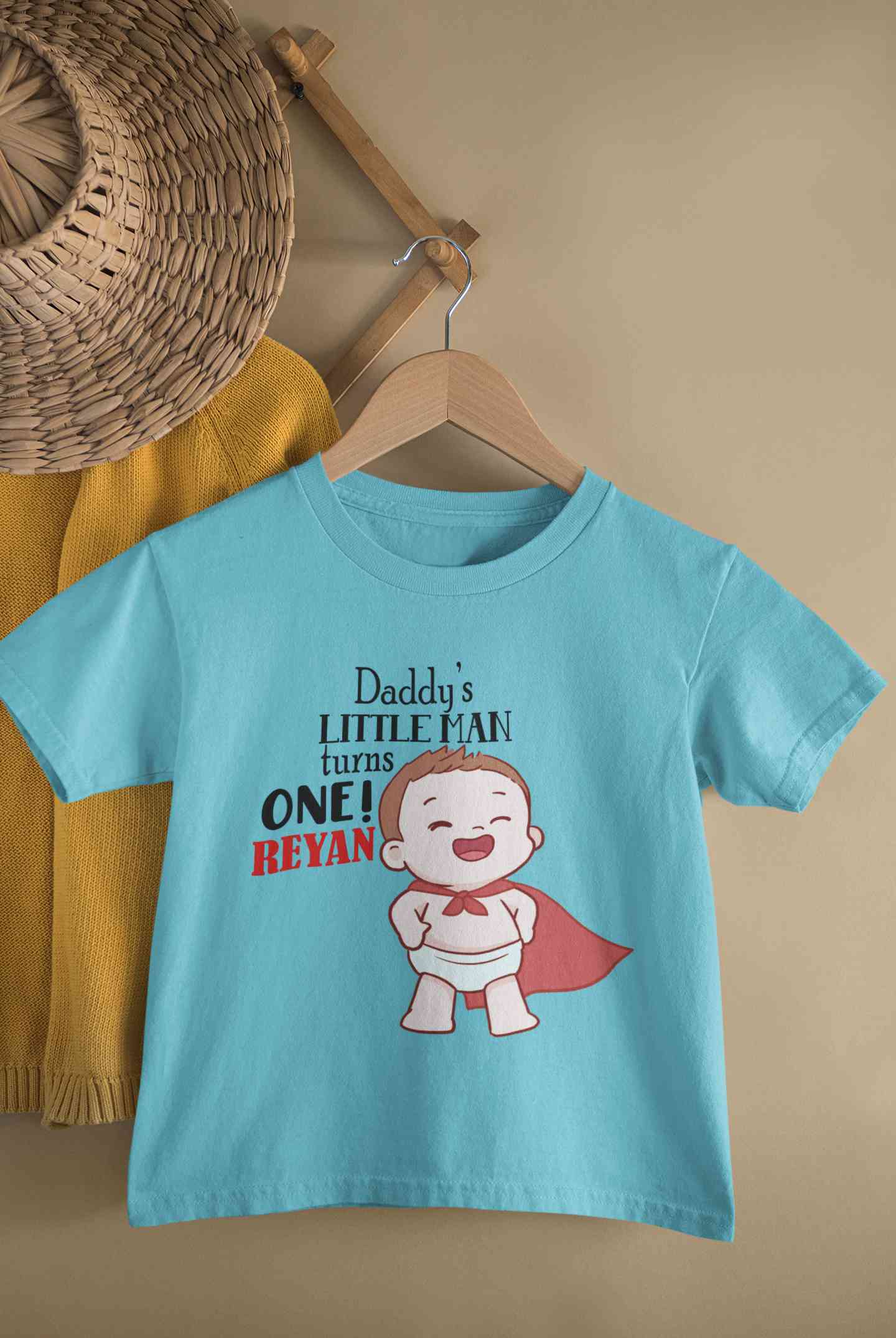Custom Name Daddys Little Man Turns One First Birthday Half Sleeves T-Shirt for Boy-FunkyTeesClub