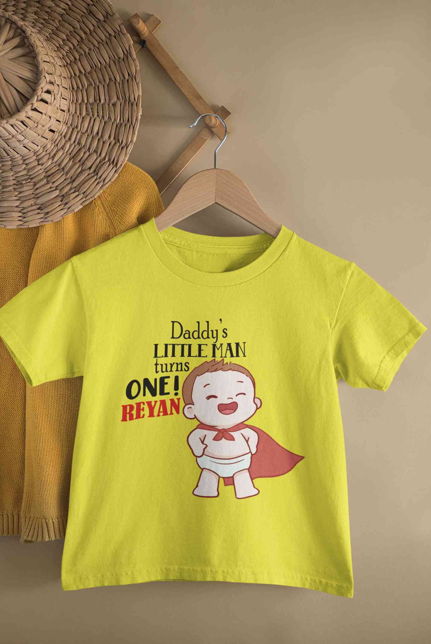 Custom Name Daddys Little Man Turns One First Birthday Half Sleeves T-Shirt for Boy-FunkyTeesClub