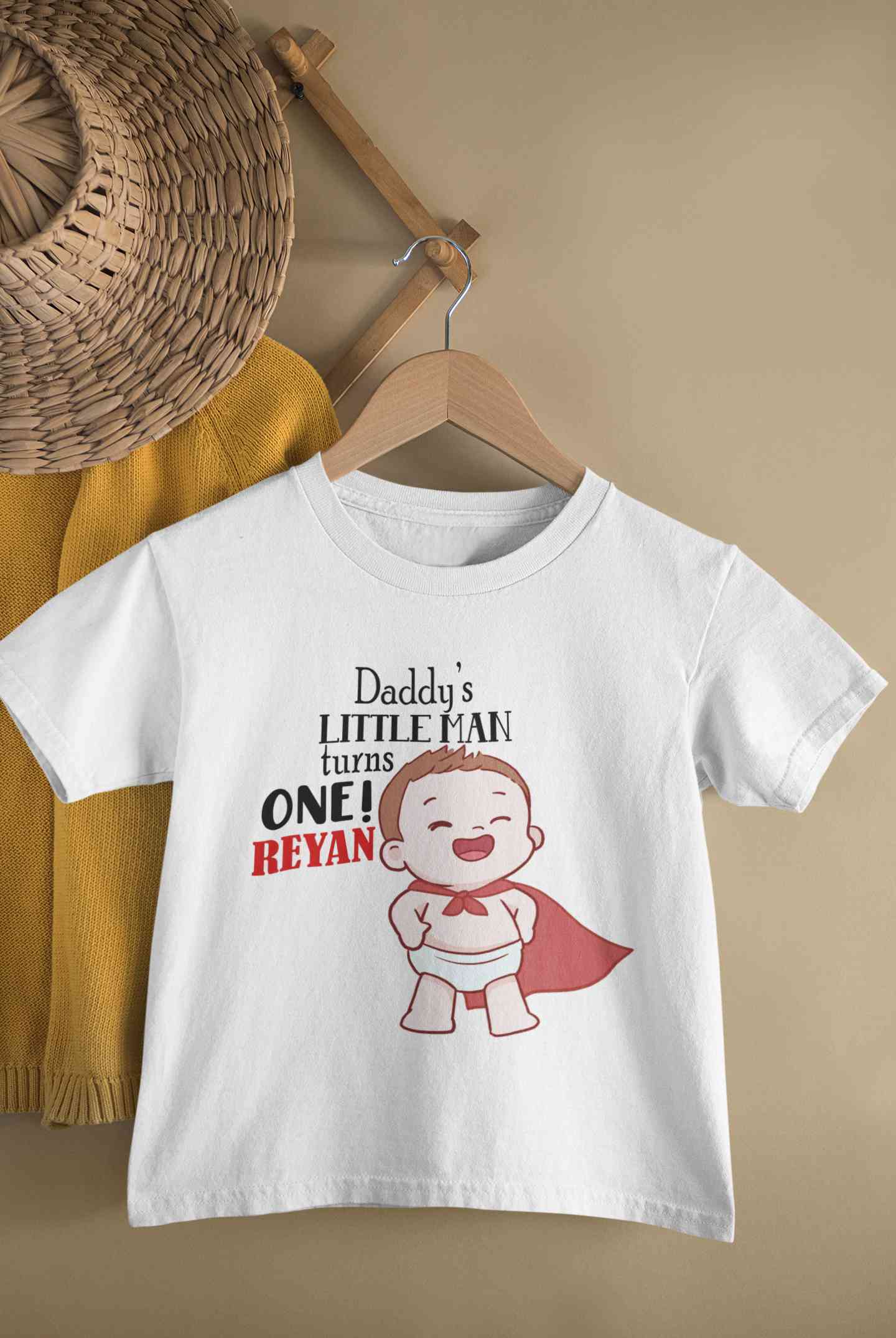 Custom Name Daddys Little Man Turns One First Birthday Half Sleeves T-Shirt for Boy-FunkyTeesClub