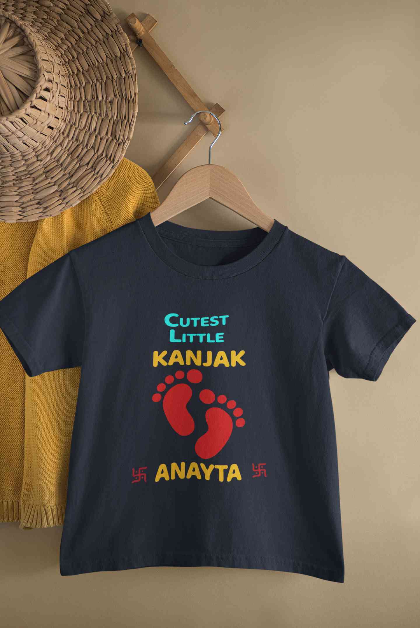 Custom Name Cutest Little Kanjak Navratri Half Sleeves T-Shirt For Girls -FunkyTeesClub