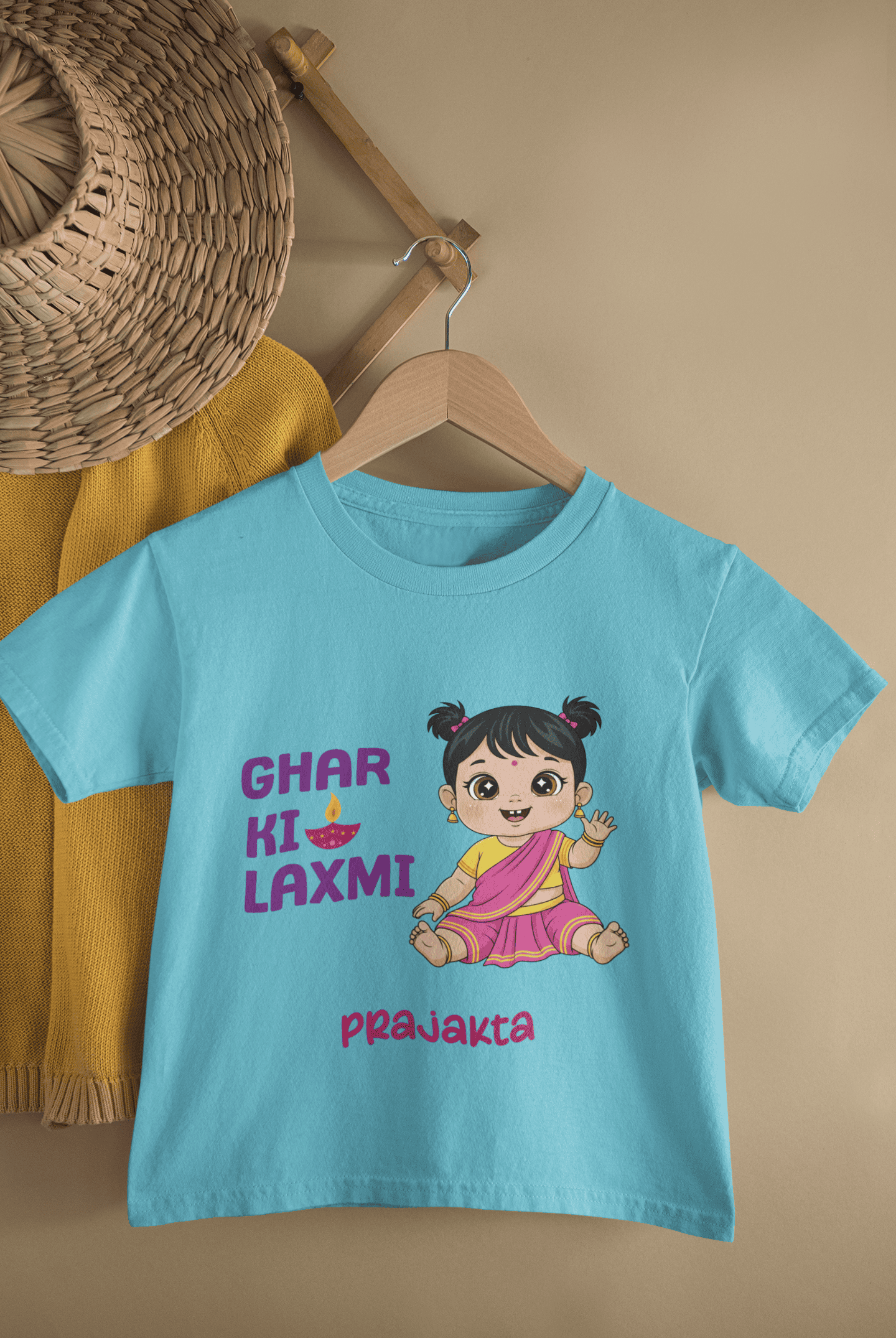 Custom Name Ghar Ki Laxmi Diwali Celebrations Half Sleeves T-Shirt For Girls -FunkyTeesClub