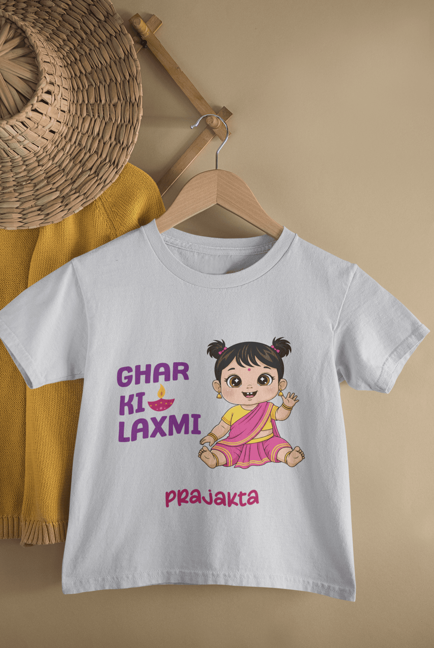 Custom Name Ghar Ki Laxmi Diwali Celebrations Half Sleeves T-Shirt For Girls -FunkyTeesClub