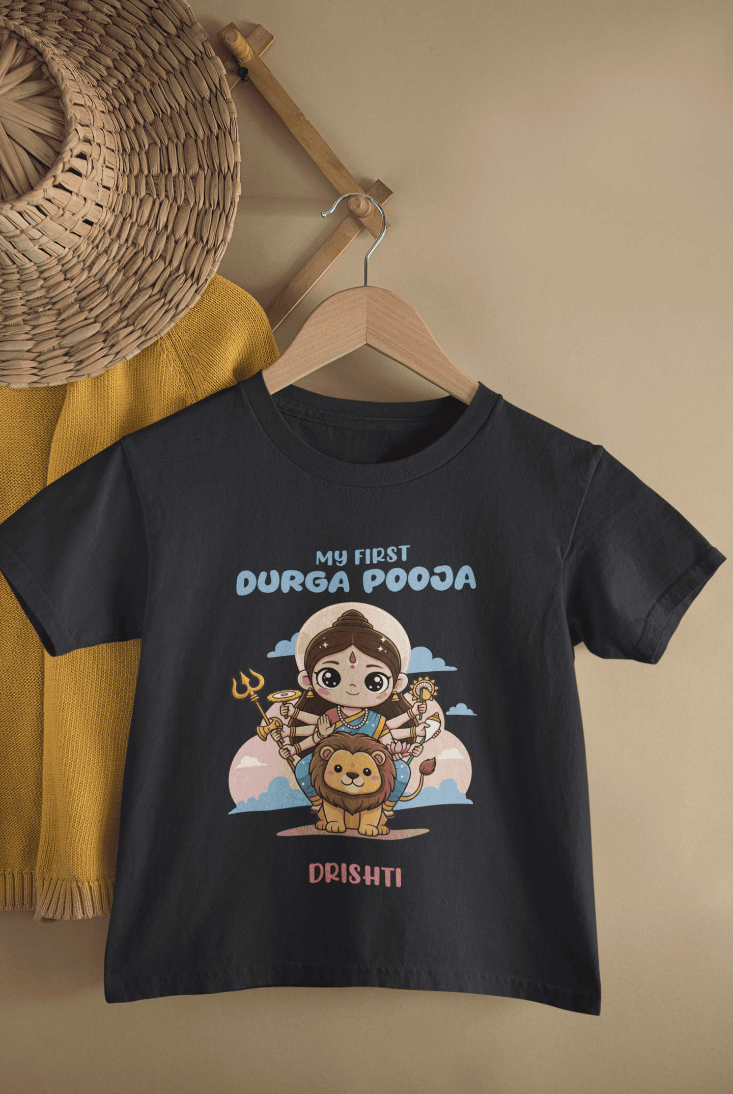 Custom Name My First Durga Pooja Half Sleeves T-Shirt For Girls -FunkyTeesClub