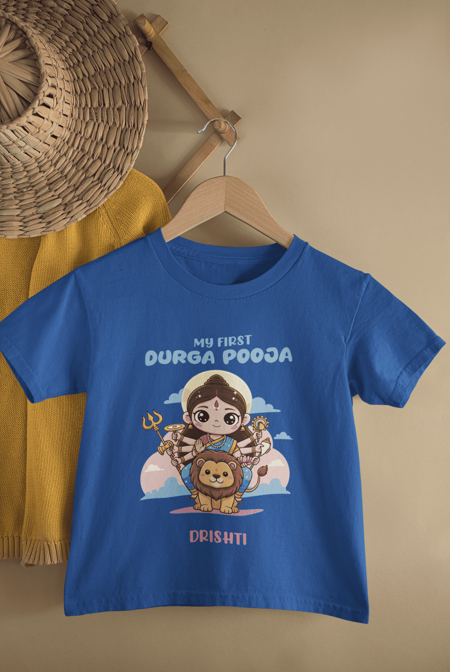 Custom Name My First Durga Pooja Half Sleeves T-Shirt For Girls -FunkyTeesClub