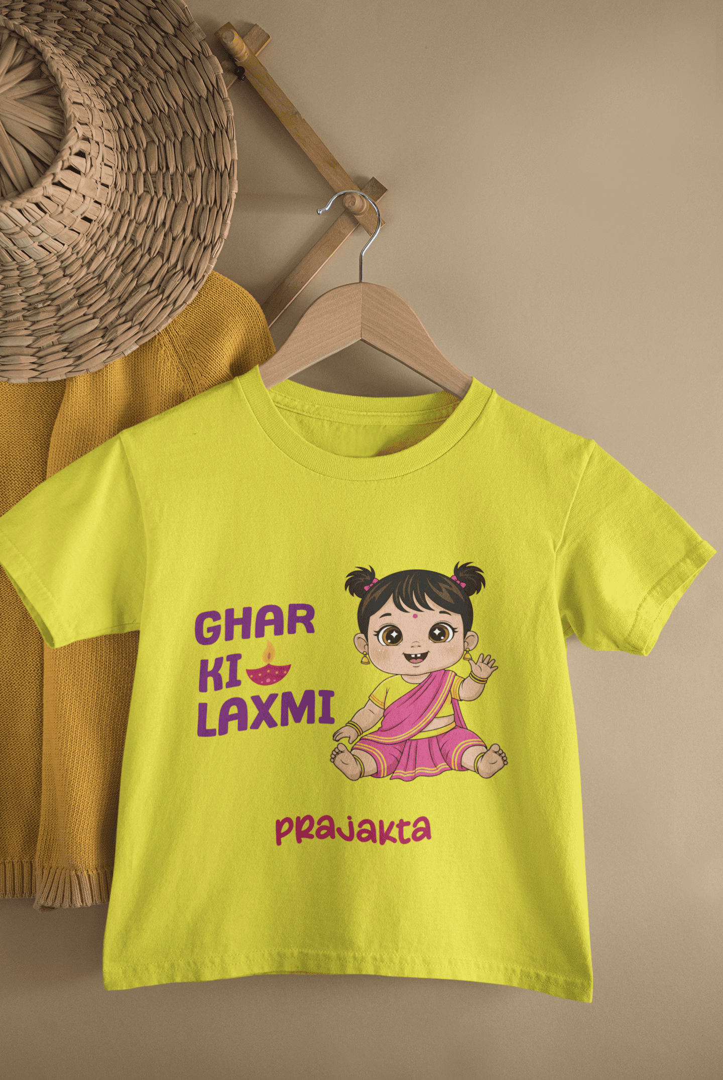Custom Name Ghar Ki Laxmi Diwali Celebrations Half Sleeves T-Shirt For Girls -FunkyTeesClub