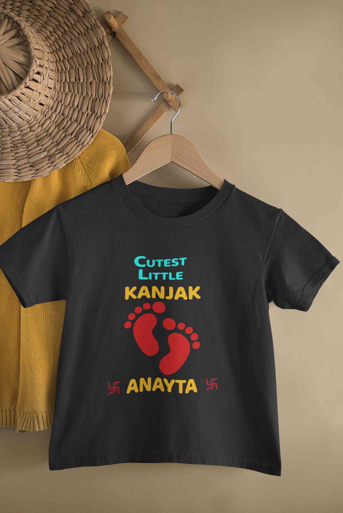 Custom Name Cutest Little Kanjak Navratri Half Sleeves T-Shirt For Girls -FunkyTeesClub