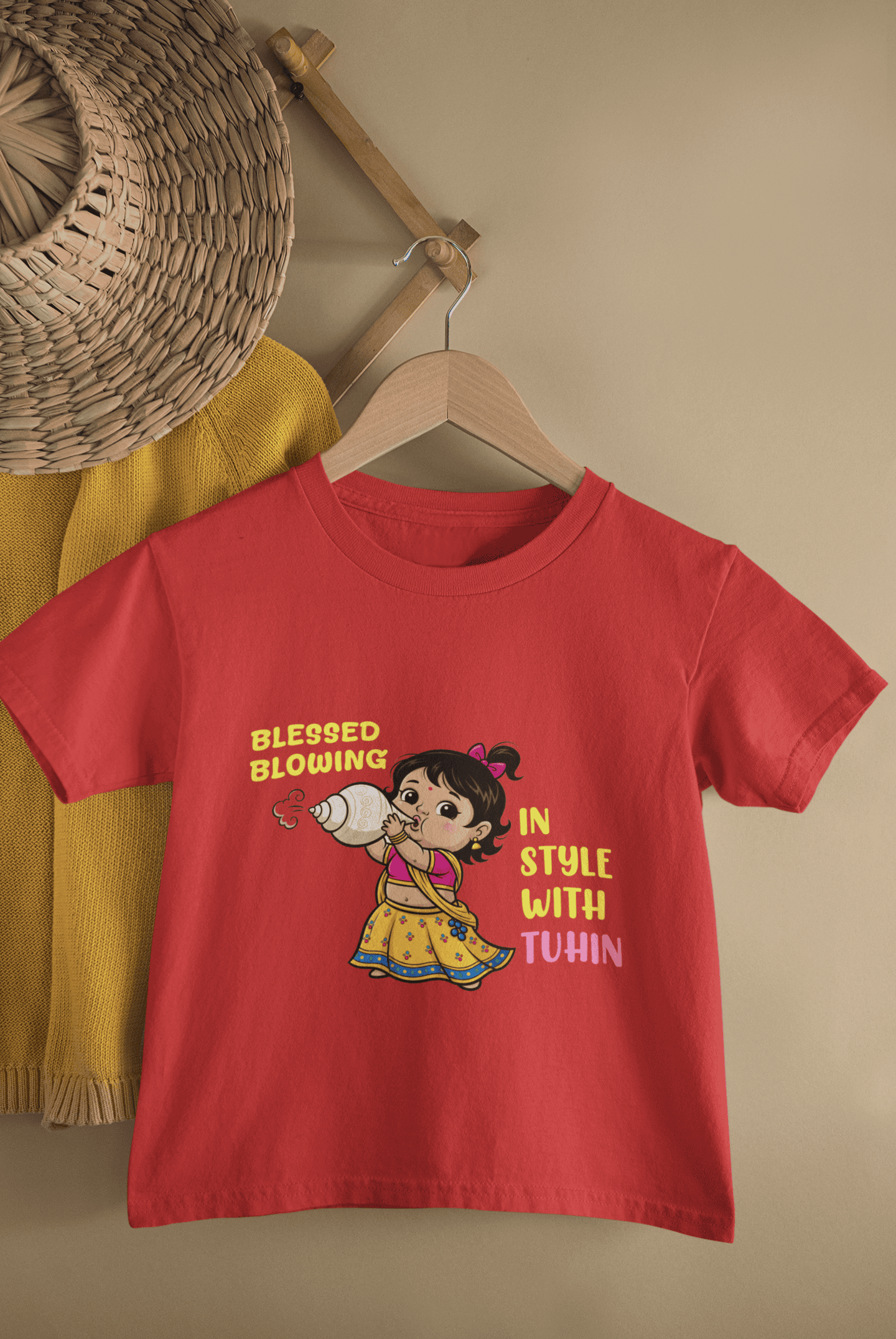 Blessed Blowing Durga Pooja Half Sleeves T-Shirt For Girls -FunkyTeesClub