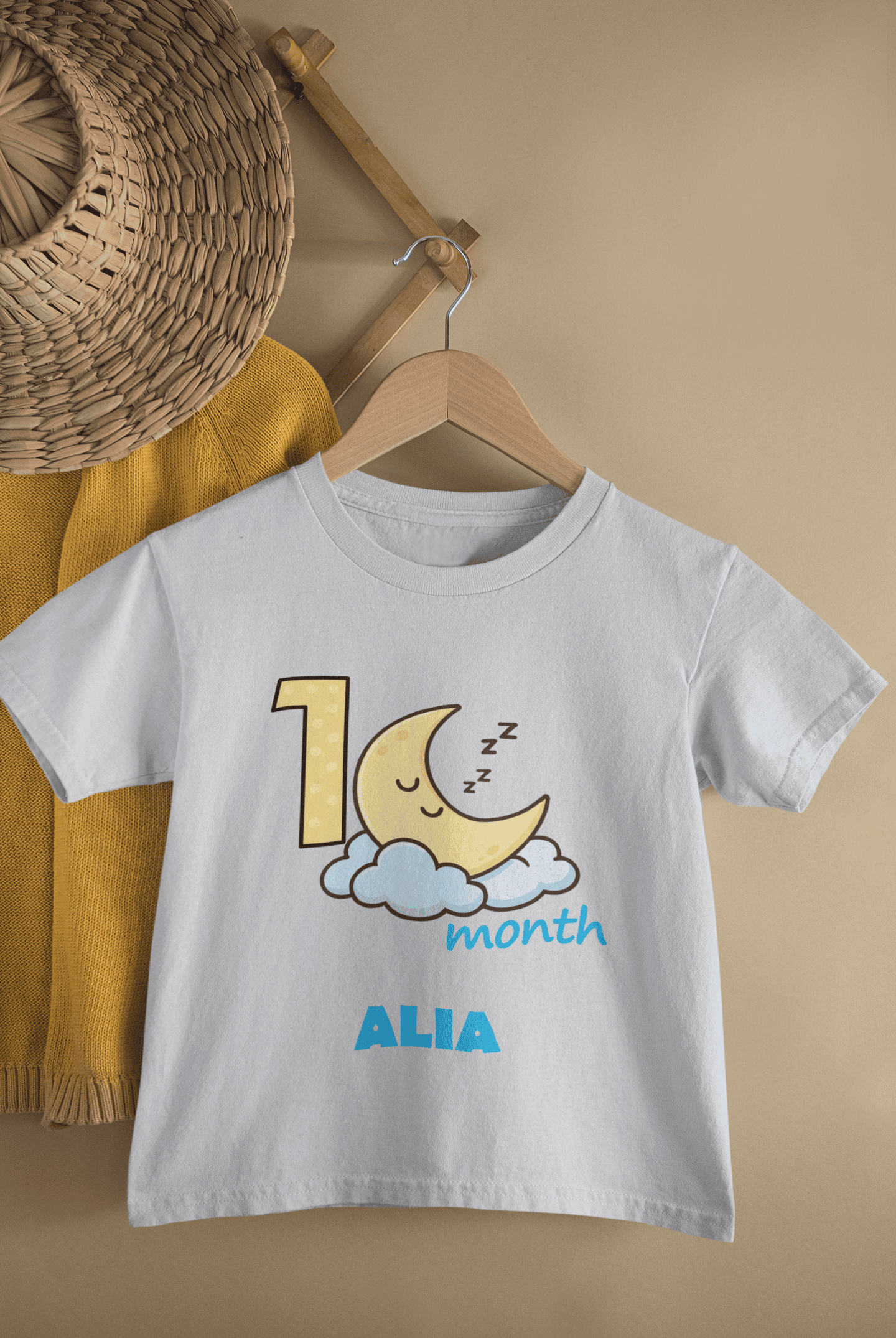 Custom Name One Month Moon Half Sleeves T-Shirt For Girls -FunkyTeesClub