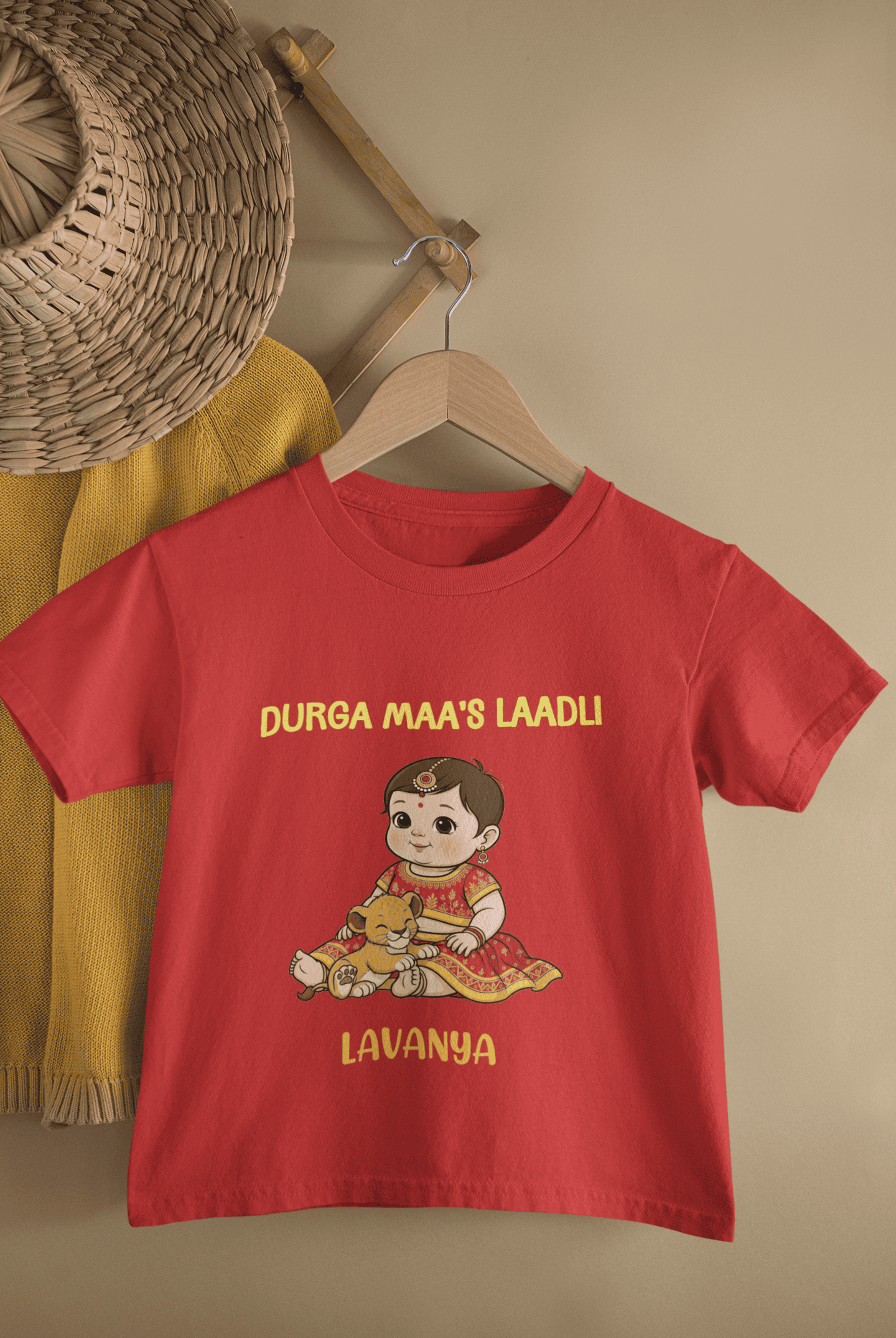 Custom Name Durga Maa's Ladli Navratri Half Sleeves T-Shirt For Girls -FunkyTeesClub