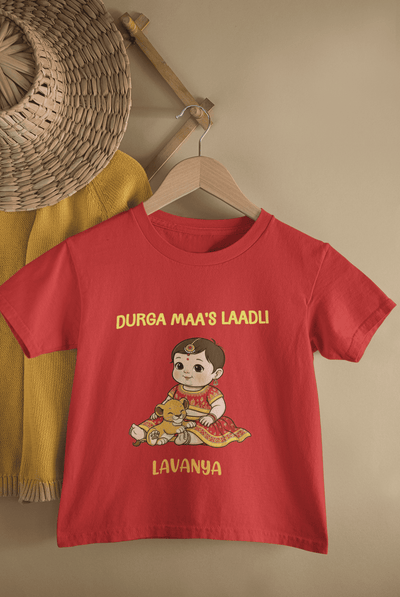 Custom Name Durga Maa's Ladli Navratri Half Sleeves T-Shirt For Girls -FunkyTeesClub