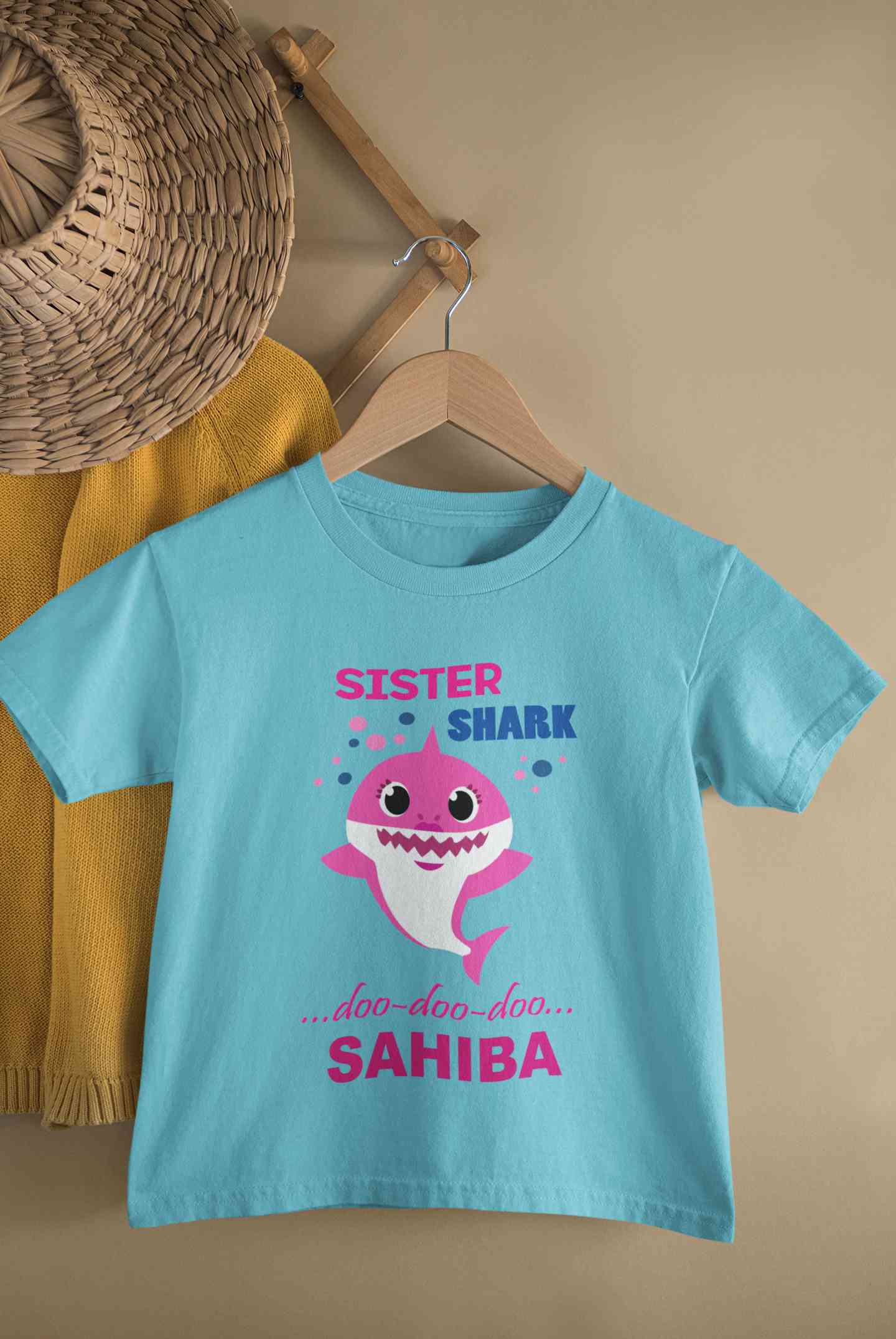 Custom Name Sister Shark Doo Doo Doo Rakhi Half Sleeves T-Shirt For Girls -FunkyTeesClub