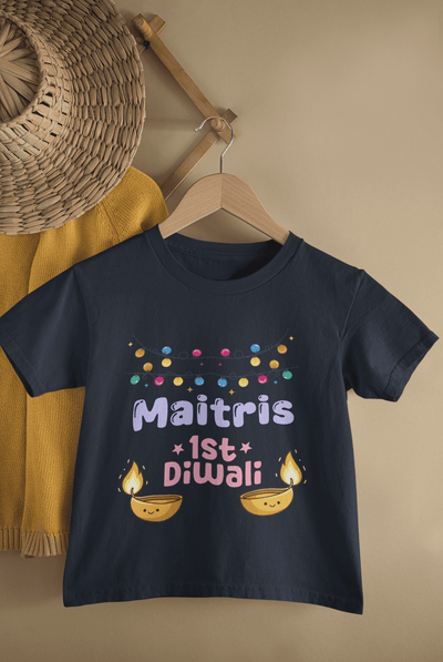 Custom Name First Diwali Diwali Half Sleeves T-Shirt For Girls -FunkyTeesClub