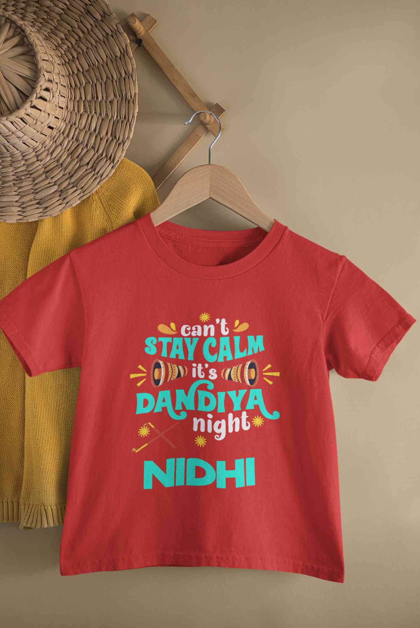 Custom Name Cant Stay Calm It Is Dandiya Night Navratri Half Sleeves T-Shirt For Girls -FunkyTeesClub