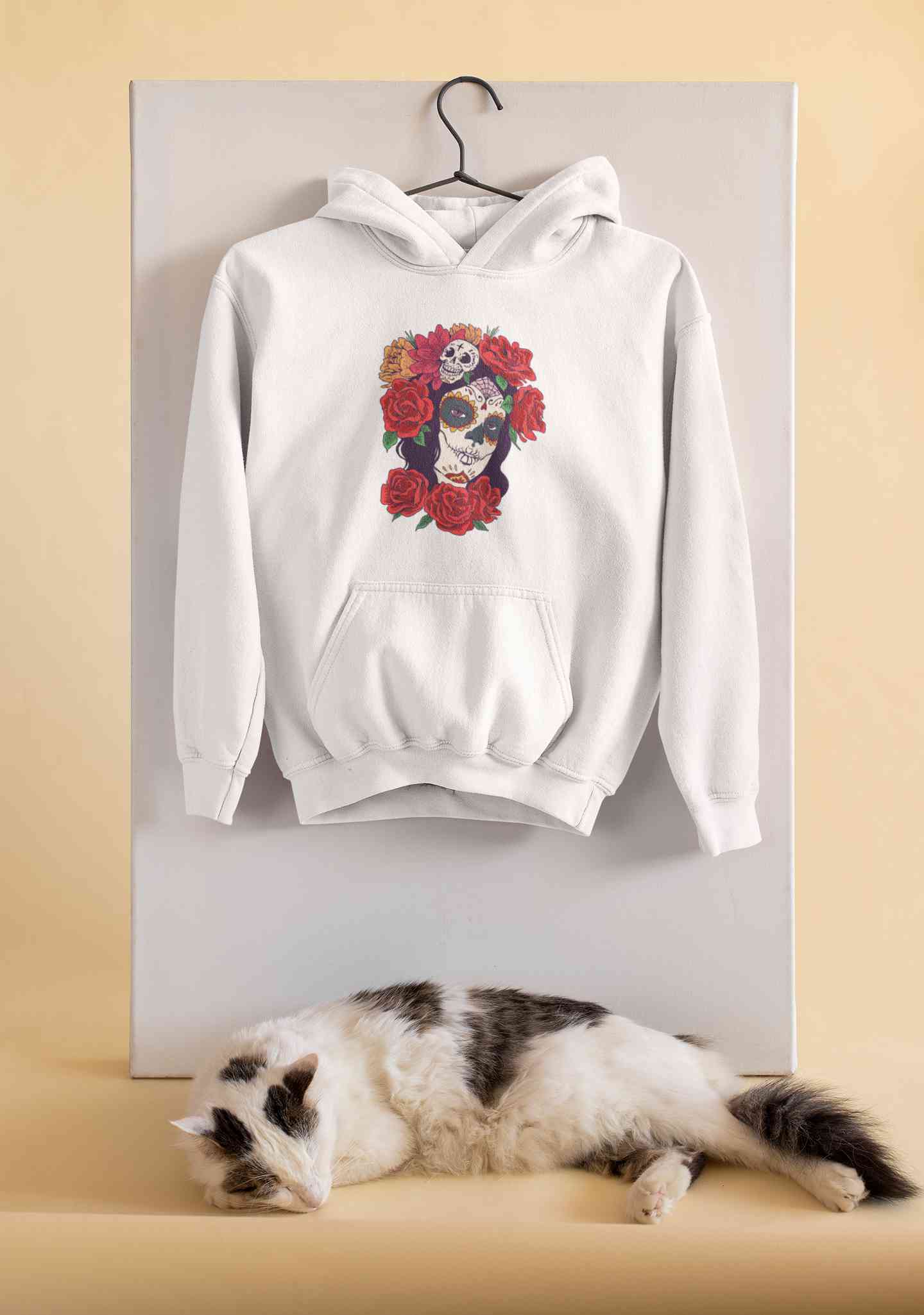 Day Of The Dead Floral Skull Illustration Hoodies for Women-FunkyTeesClub