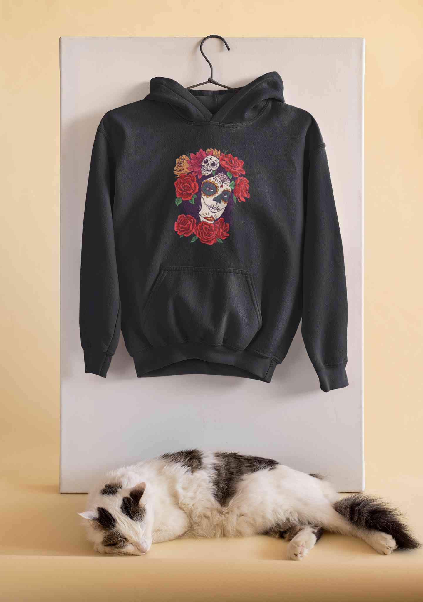 Day Of The Dead Floral Skull Illustration Hoodies for Women-FunkyTeesClub